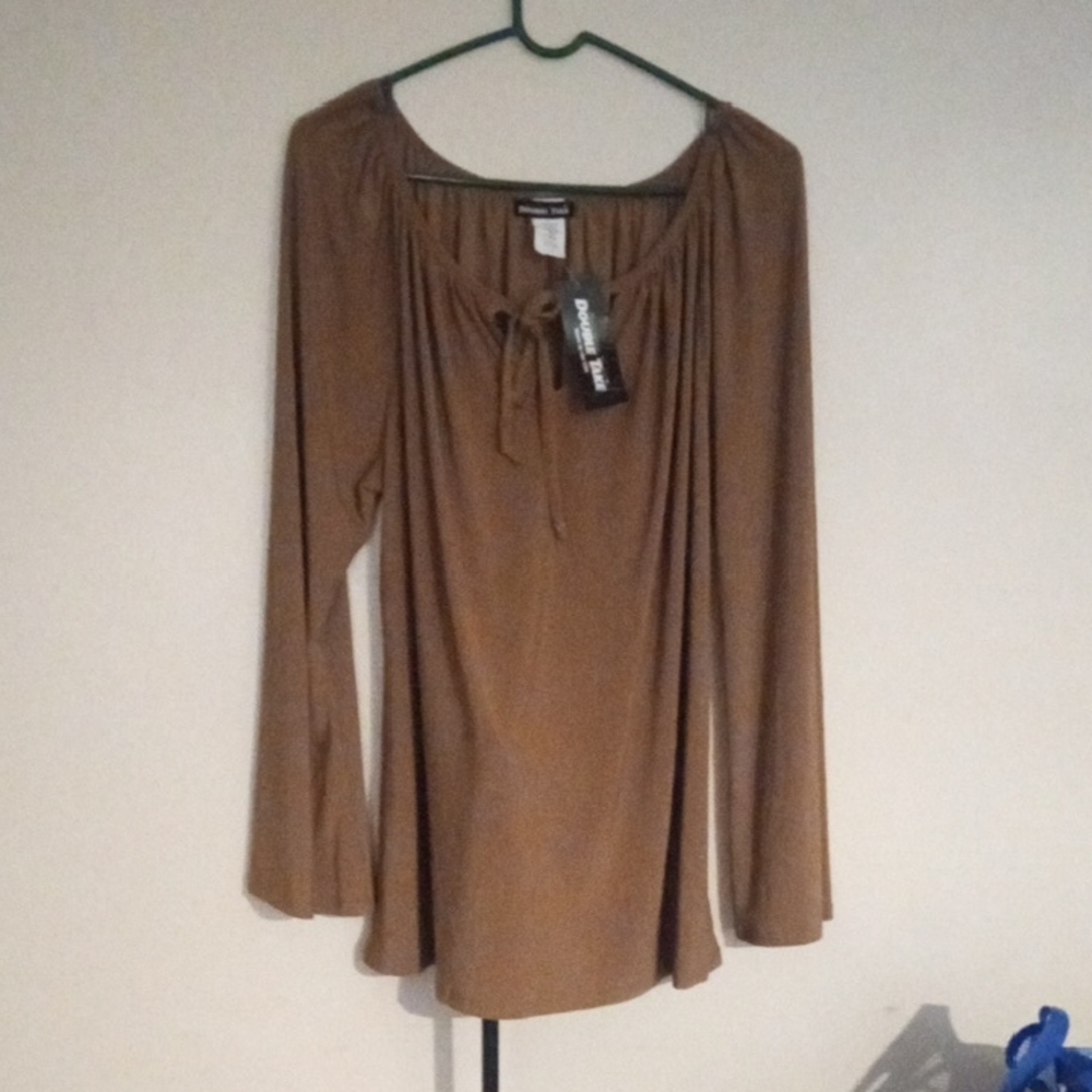 Double Take Brown Keyhole Tie Blouse NWT Long Sleeve Lightweight and Breezy 3X